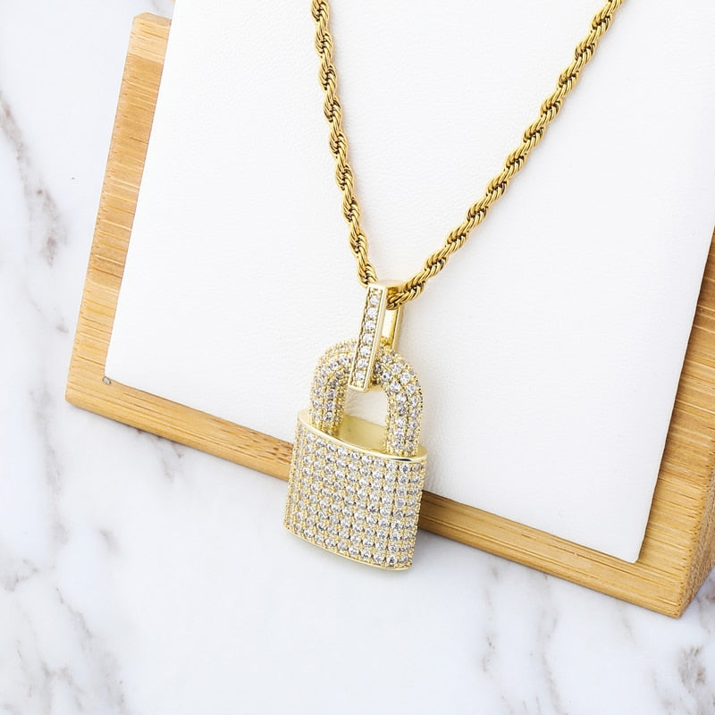 Hip Hop Bling Lock Pendant Cubic Zircon For Men