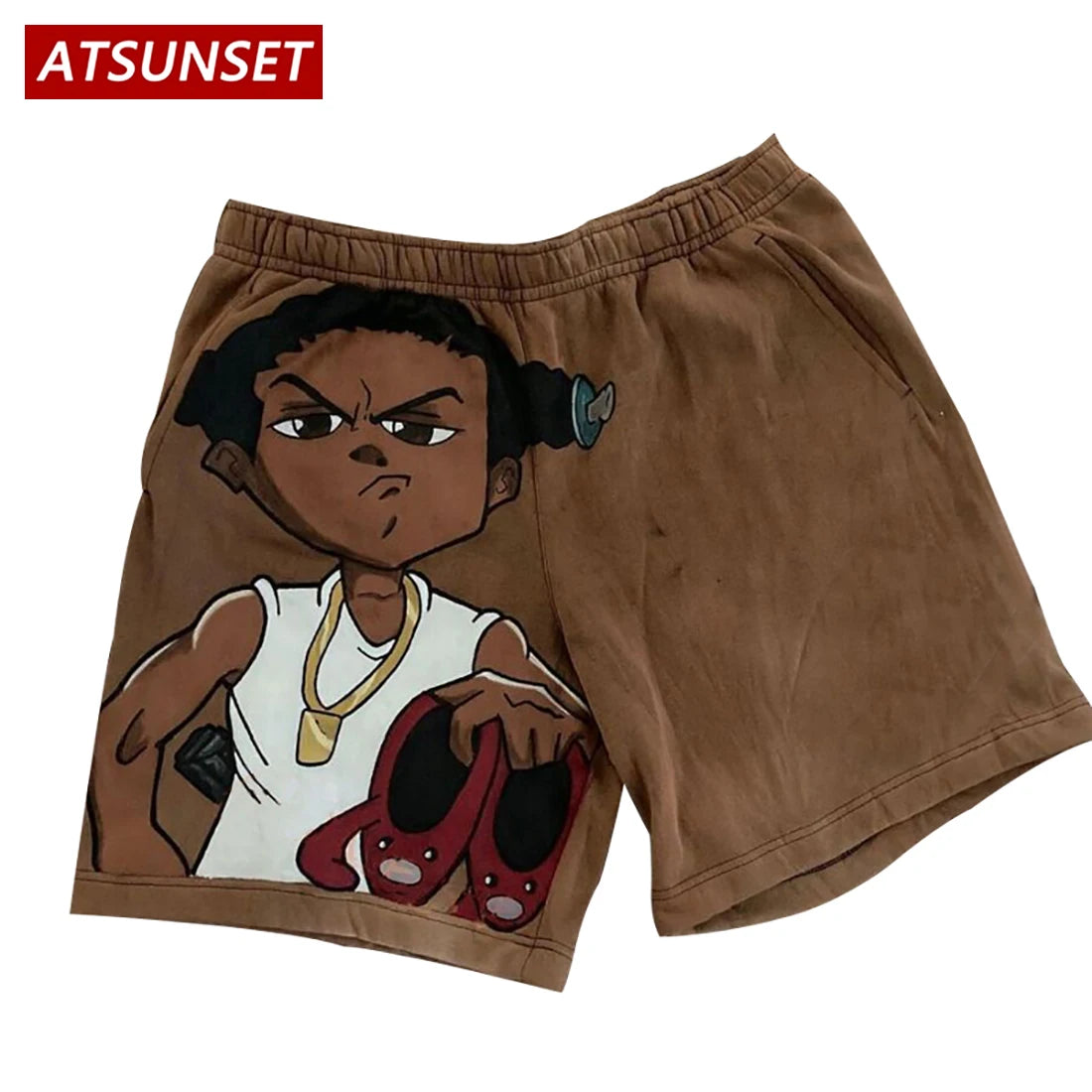 Men's Summer Casual Cartoon Print Solid Cotton Shorts Hawaii Bottoms