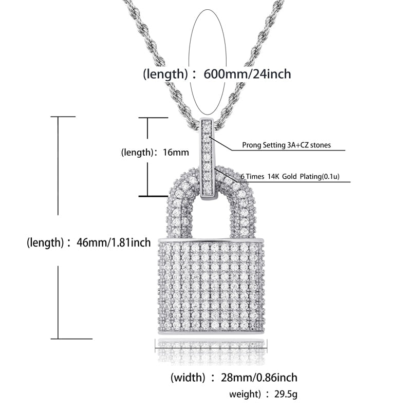 Hip Hop Bling Lock Pendant Cubic Zircon For Men