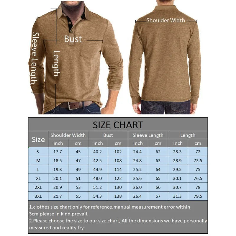 Men's Long Sleeve Casual Solid Lapel Button Up Turn Down Collar Polo Shirt
