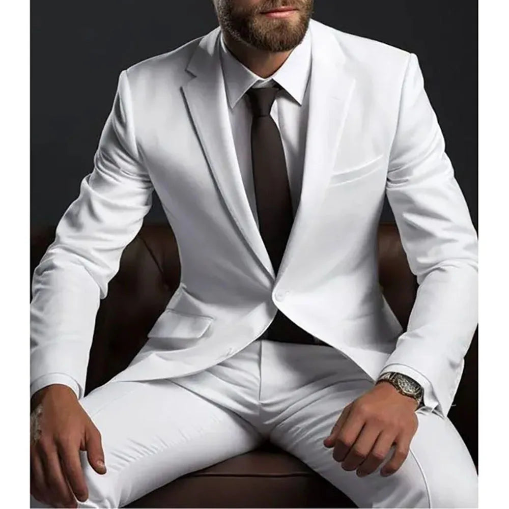 Handsome White Suit for Men Two Pieces (Jacket+Pants) Single Breasted Notch Lapel Costume
