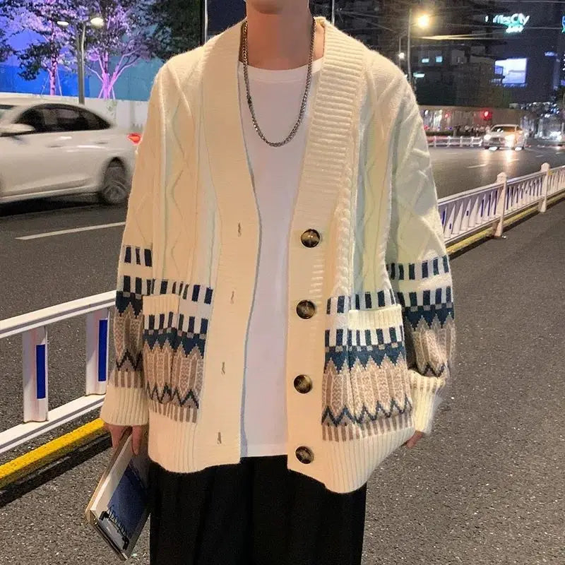 Knit Cardigan Men's Argyle Aesthetic Baggy Japanese Retro coat