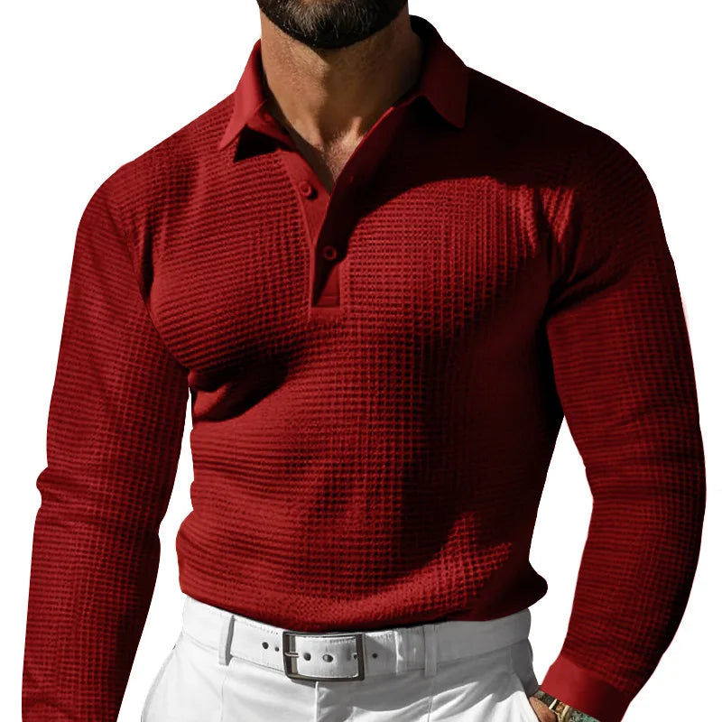 Men's Spring Leisure Polo Shirt Solid Color Breathable Waffle Long Sleeve Lapel Collar