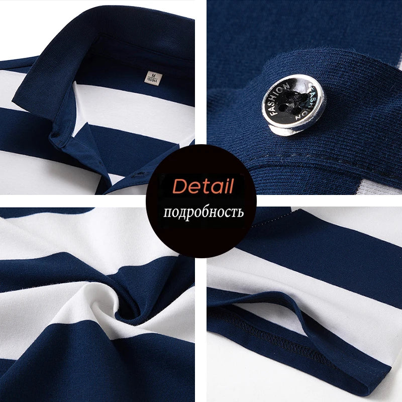 Men Classic Striped Polo Mens Cotton Short-Sleeved Embroidered Polo Shirt