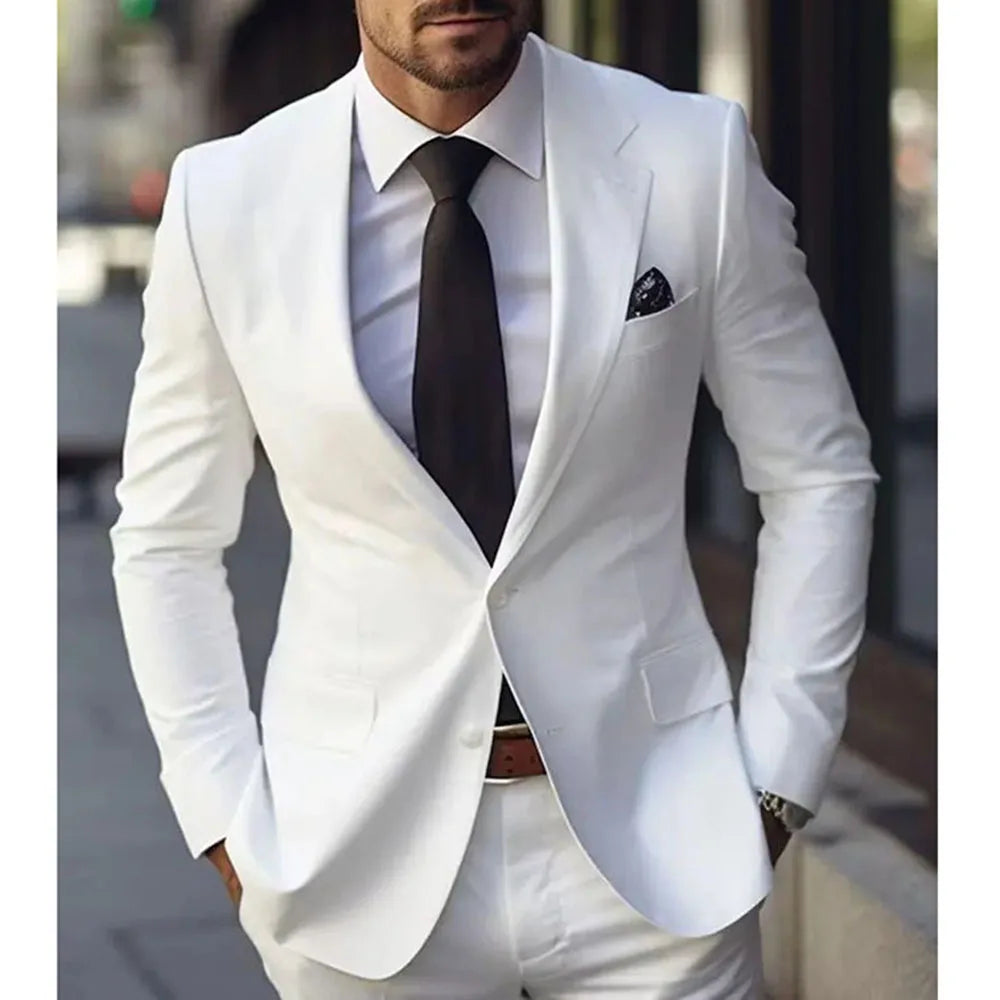 Handsome White Suit for Men Two Pieces (Jacket+Pants) Single Breasted Notch Lapel Costume