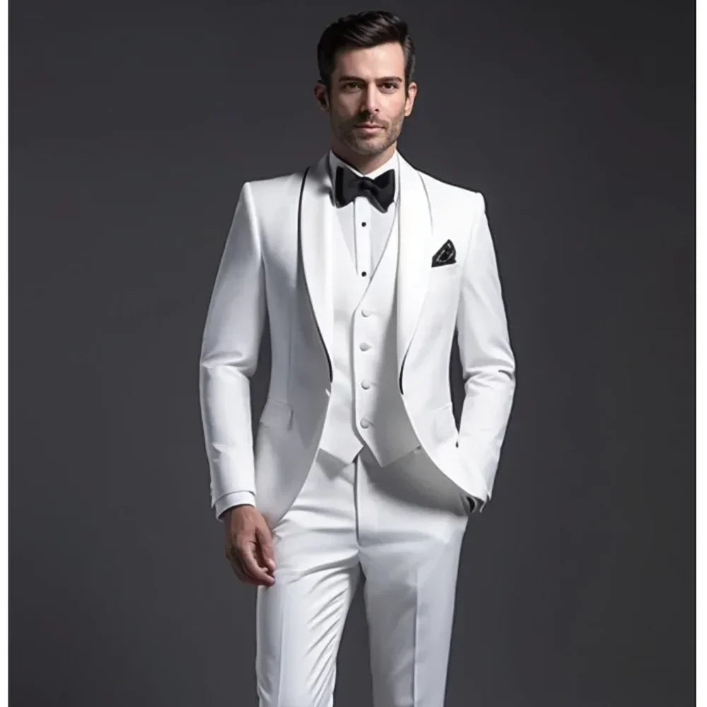 Elegant White Suits for Men 3 Piece Chic Lapel Single Button Tuxedo Slim (Blazer+Vest+Pants)