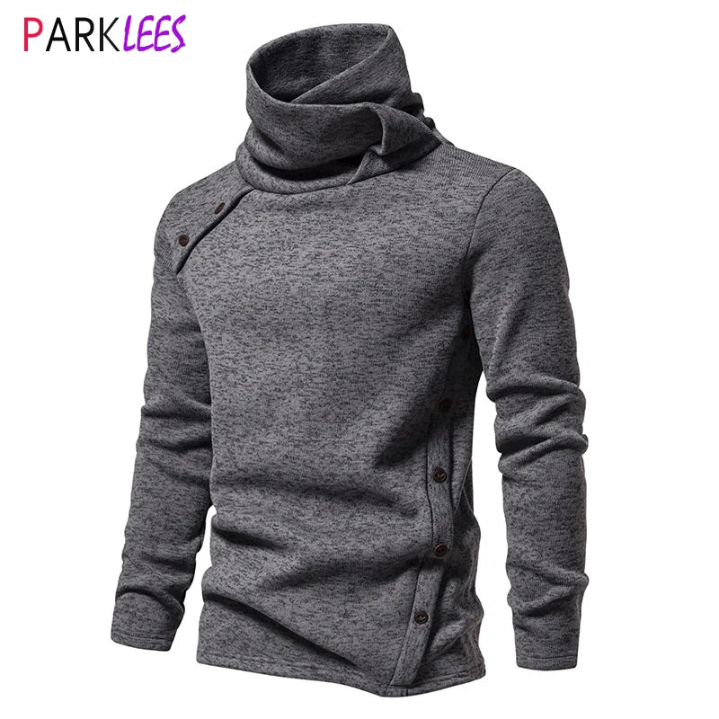 Turtleneck for Men Oblique Button Long Sleeve Knit Sweaters British Bottoming Undershirt