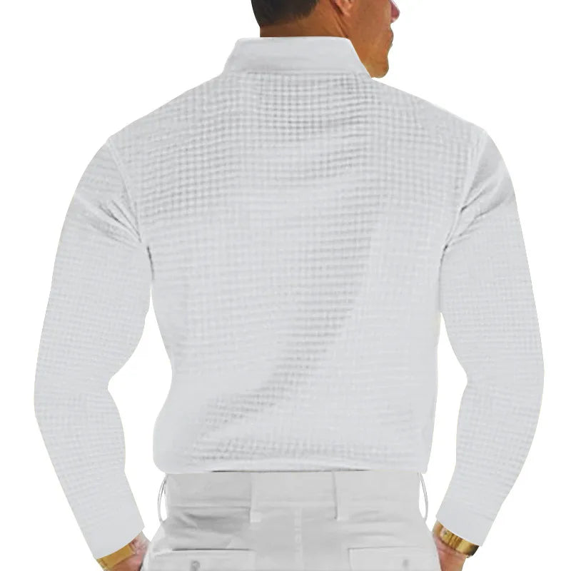 Men's Spring Leisure Polo Shirt Solid Color Breathable Waffle Long Sleeve Lapel Collar