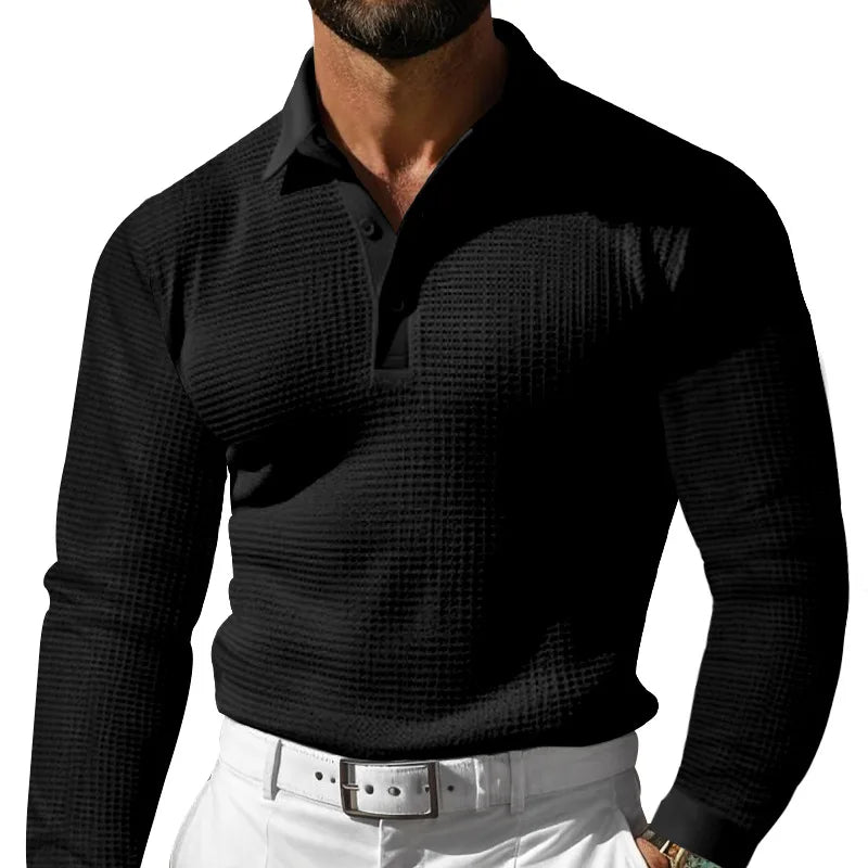 Men's Spring Leisure Polo Shirt Solid Color Breathable Waffle Long Sleeve Lapel Collar