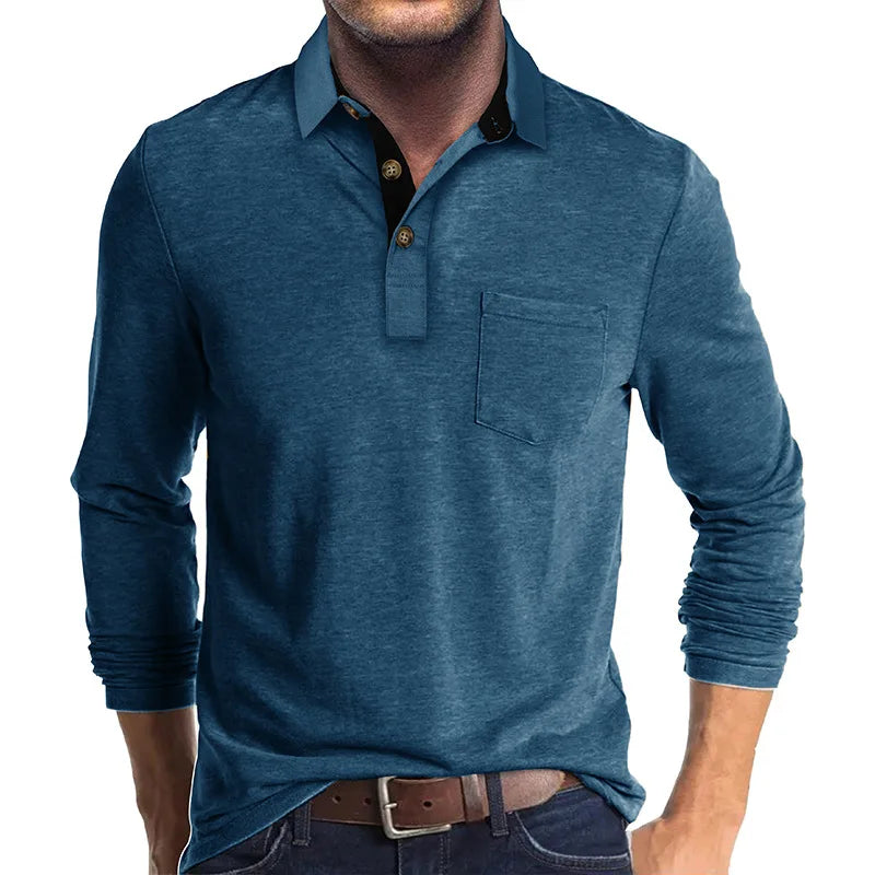 Men's Long Sleeve Casual Solid Lapel Button Up Turn Down Collar Polo Shirt