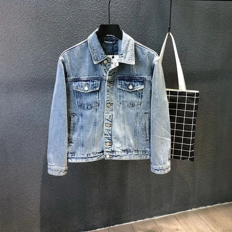 Tiger Head Embroidered Denim Jacket Men Streetwear Sequin Slim Fit Jacket