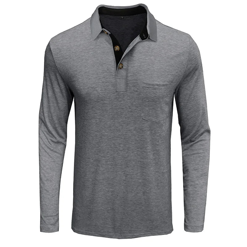 Men's Long Sleeve Casual Solid Lapel Button Up Turn Down Collar Polo Shirt