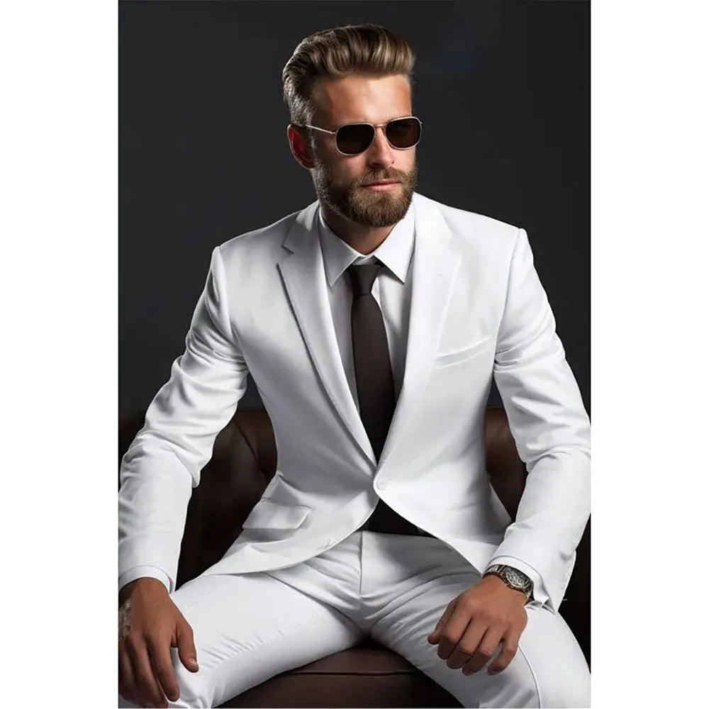 Handsome White Suit for Men Two Pieces (Jacket+Pants) Single Breasted Notch Lapel Costume