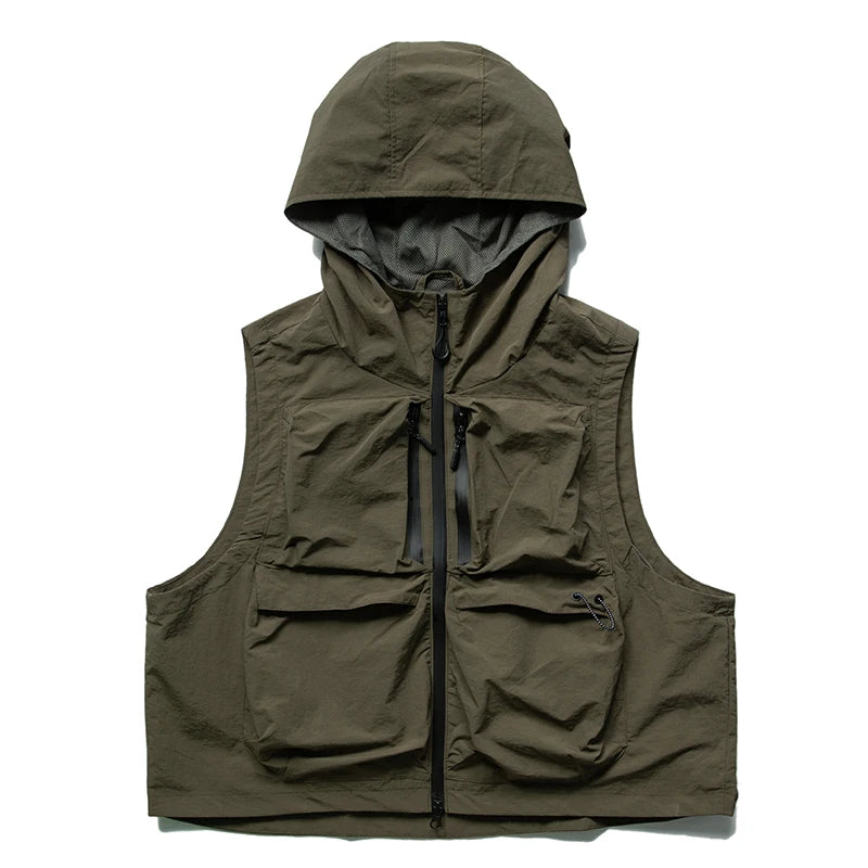 Japanese Outdoor Multi-Pocket Waterproof Cargo Hooded Vest For Men