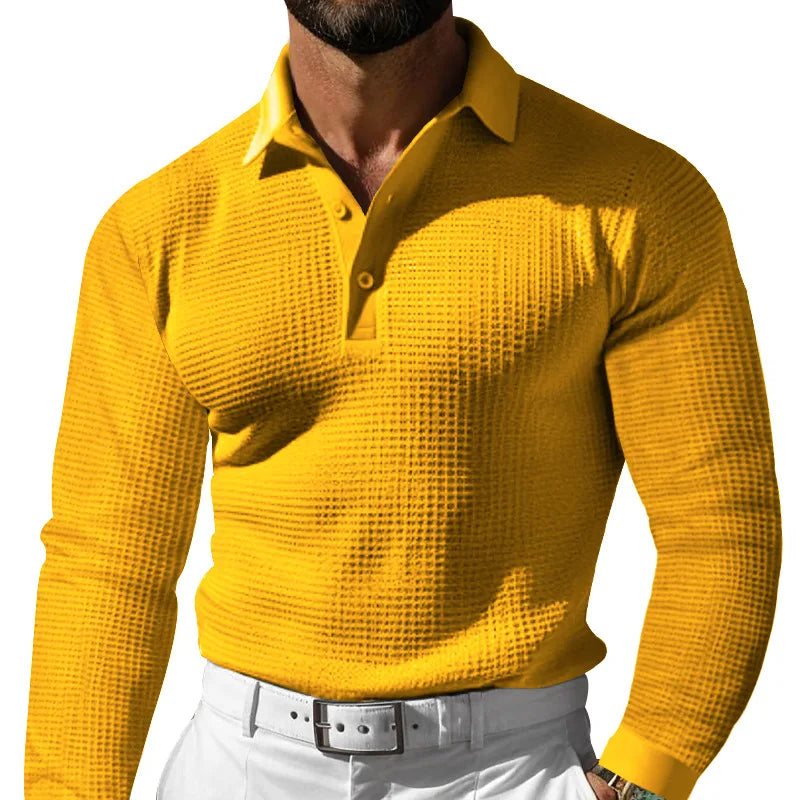 Men's Spring Leisure Polo Shirt Solid Color Breathable Waffle Long Sleeve Lapel Collar