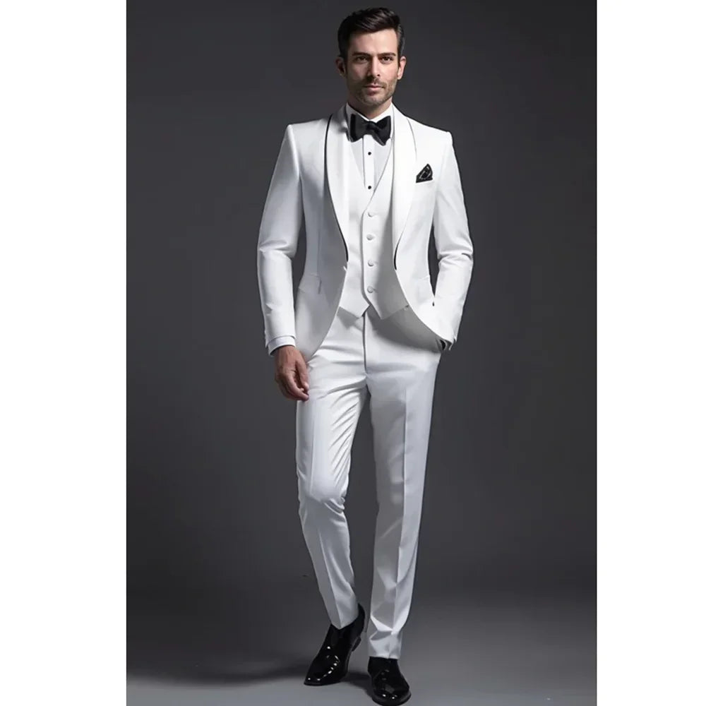 Elegant White Suits for Men 3 Piece Chic Lapel Single Button Tuxedo Slim (Blazer+Vest+Pants)