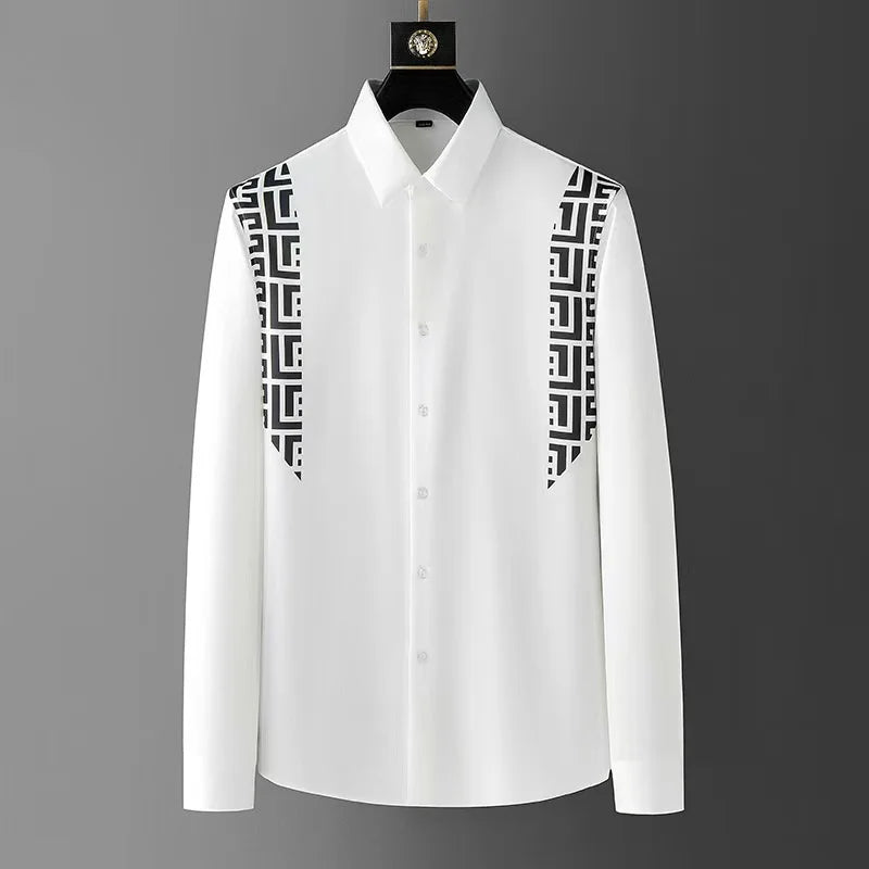 Men's Retro Printed Long Sleeve Spring Printed Collar Shirt Street Simple