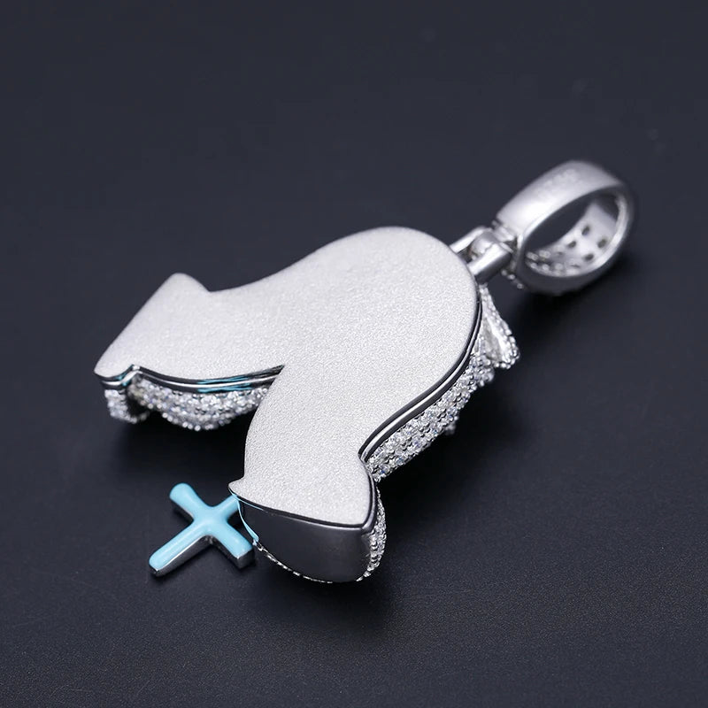 Men Glowing Hand of Prayer Cross Pendant Sterling Silver 925 Chain