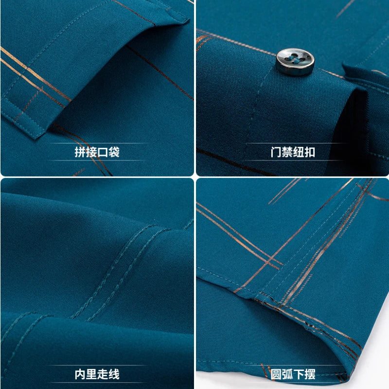 Half Sleeve Men Plaid Bronzing Stretch Anti-wrinkle Shirts