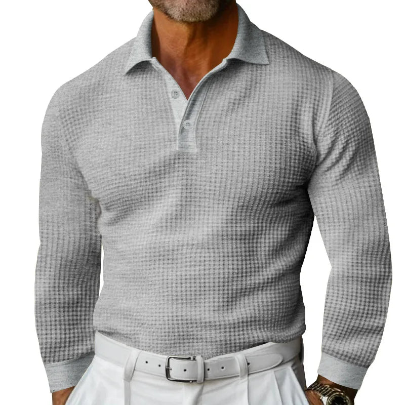 Men's Spring Leisure Polo Shirt Solid Color Breathable Waffle Long Sleeve Lapel Collar