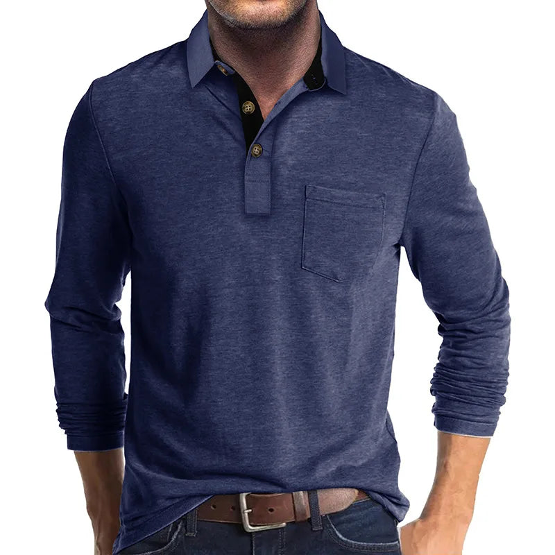 Men's Long Sleeve Casual Solid Lapel Button Up Turn Down Collar Polo Shirt