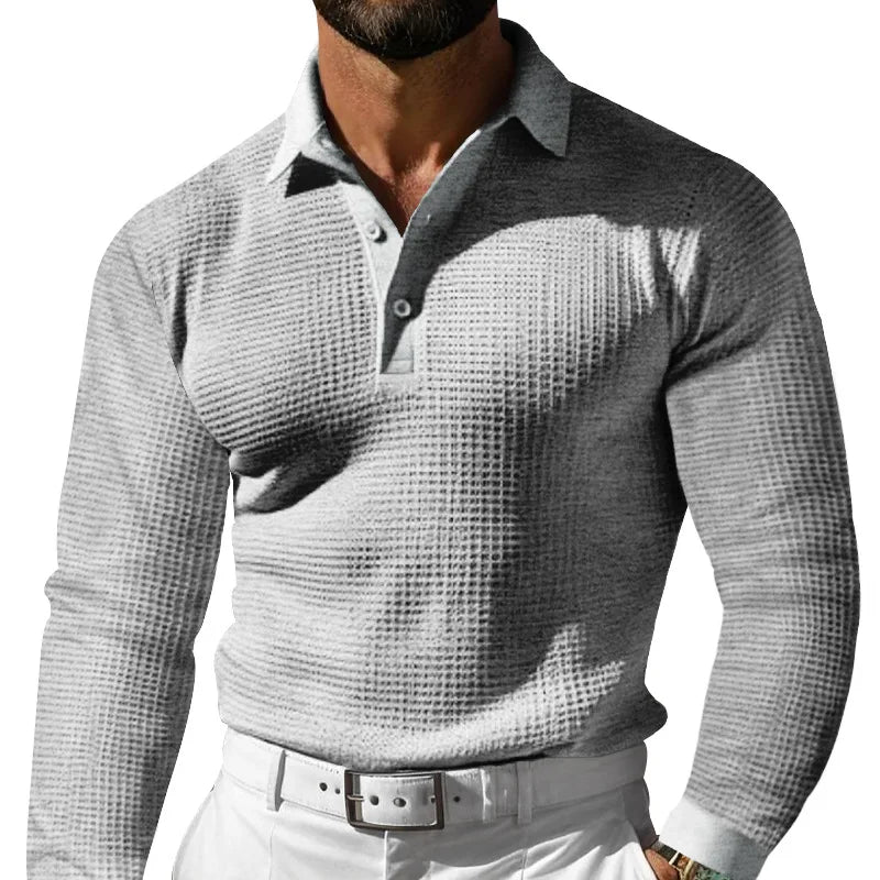 Men's Spring Leisure Polo Shirt Solid Color Breathable Waffle Long Sleeve Lapel Collar