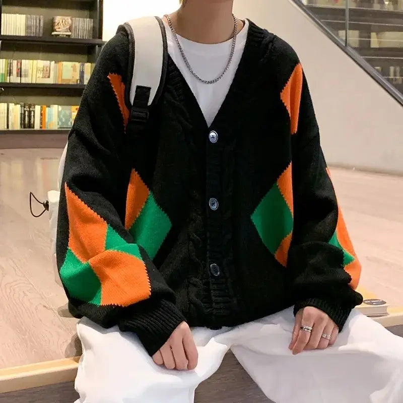 Knit Cardigan Men's Argyle Aesthetic Baggy Japanese Retro coat