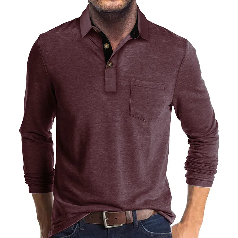 Men's Long Sleeve Casual Solid Lapel Button Up Turn Down Collar Polo Shirt