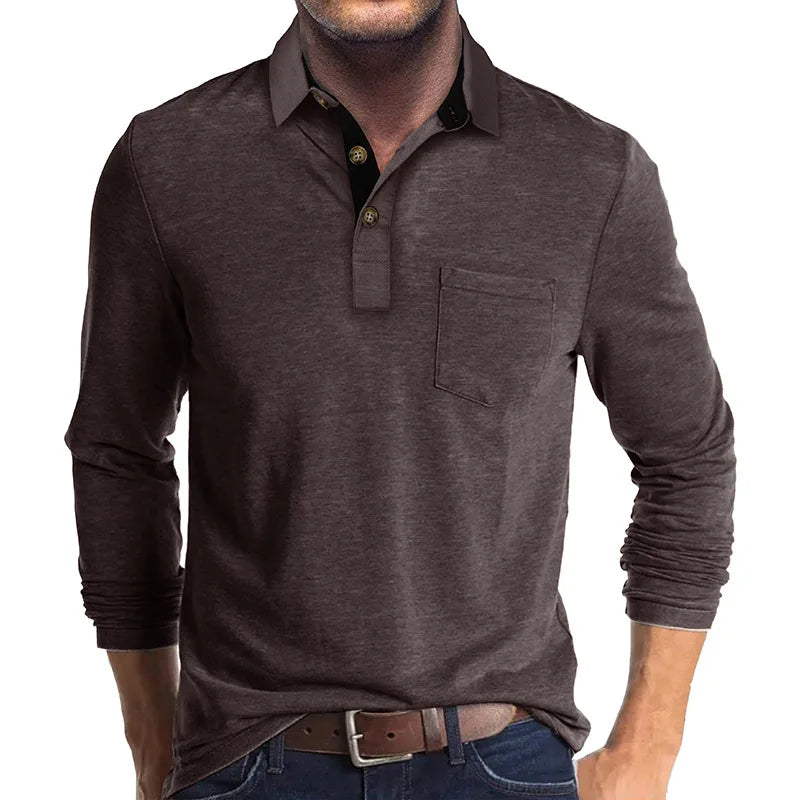 Men's Long Sleeve Casual Solid Lapel Button Up Turn Down Collar Polo Shirt