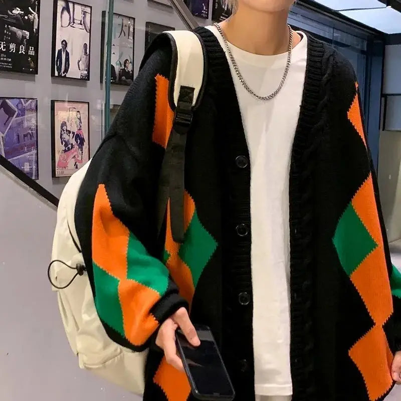 Knit Cardigan Men's Argyle Aesthetic Baggy Japanese Retro coat