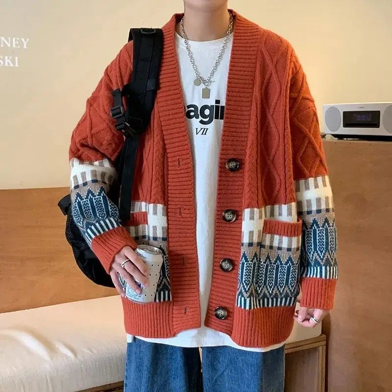 Knit Cardigan Men's Argyle Aesthetic Baggy Japanese Retro coat