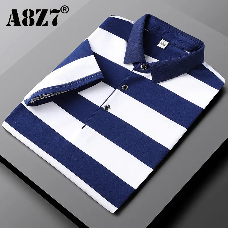 Men Classic Striped Polo Mens Cotton Short-Sleeved Embroidered Polo Shirt