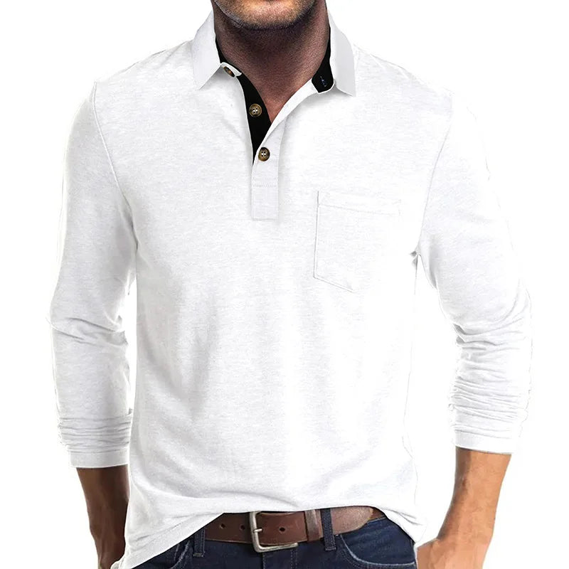Men's Long Sleeve Casual Solid Lapel Button Up Turn Down Collar Polo Shirt