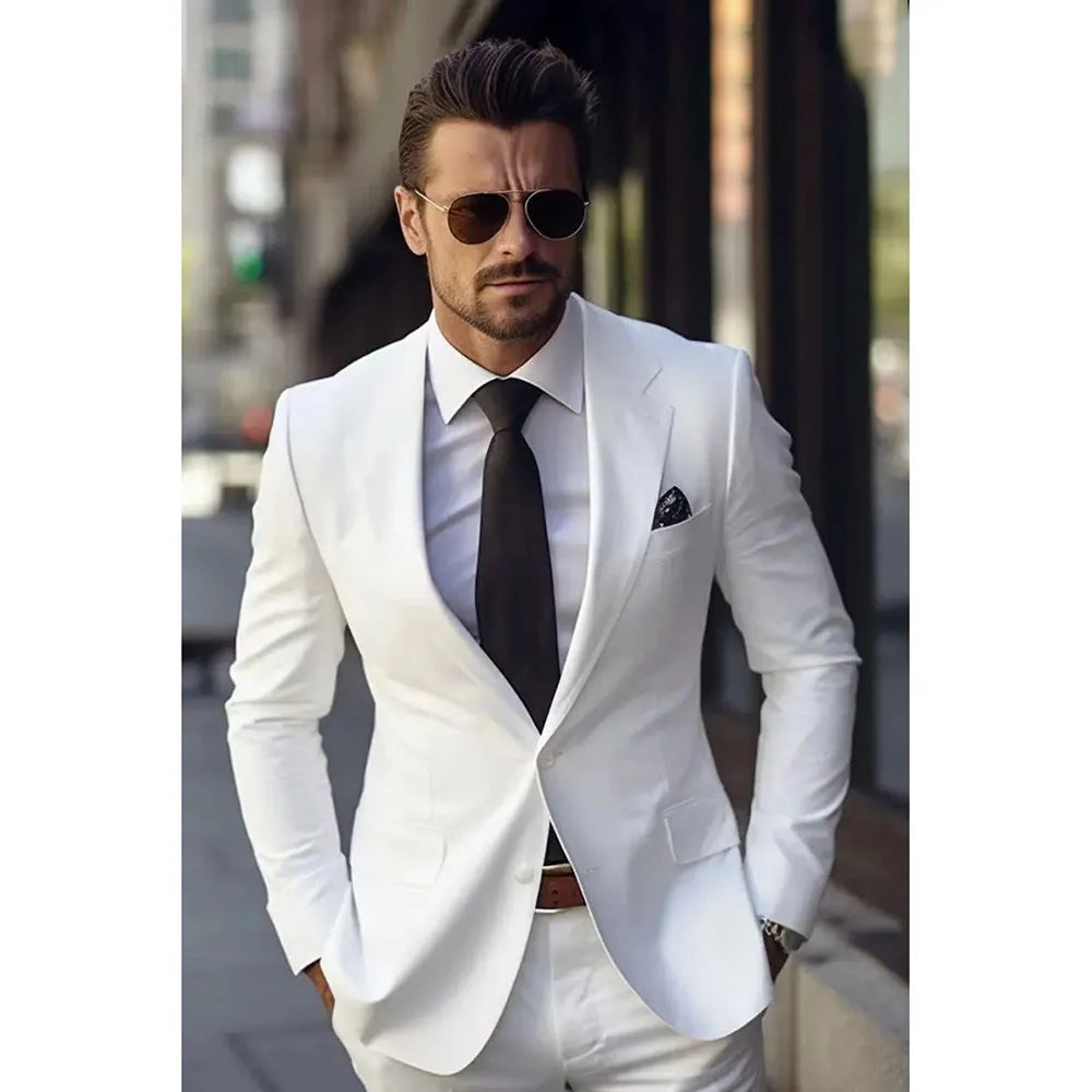Handsome White Suit for Men Two Pieces (Jacket+Pants) Single Breasted Notch Lapel Costume