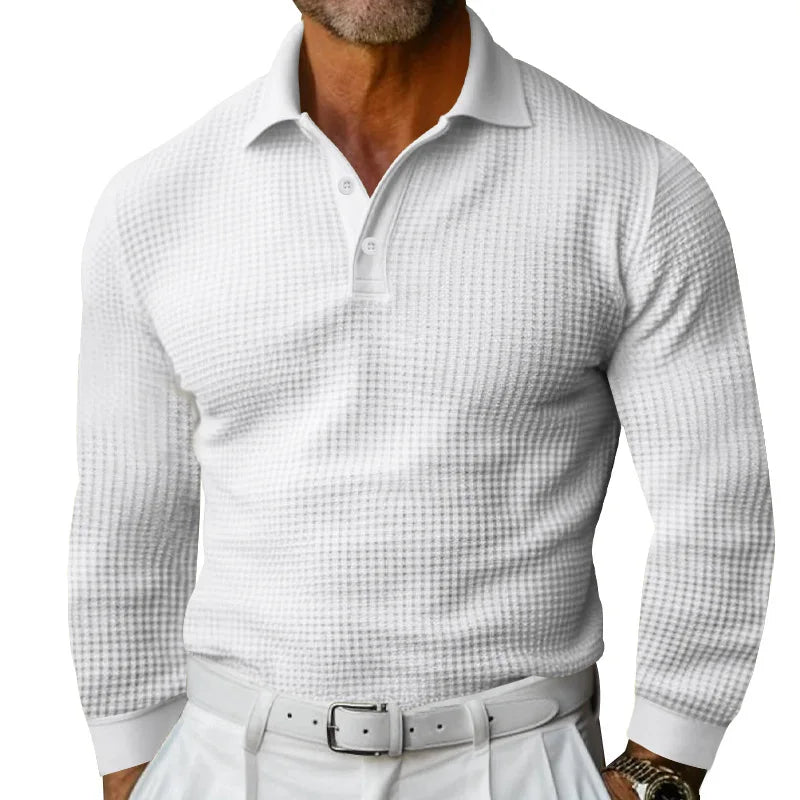 Men's Spring Leisure Polo Shirt Solid Color Breathable Waffle Long Sleeve Lapel Collar