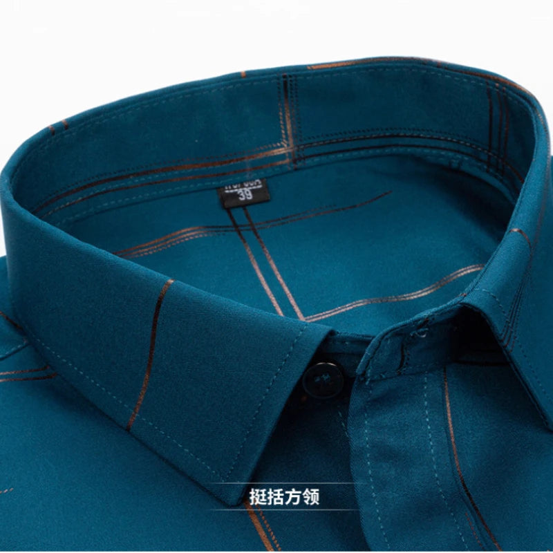 Half Sleeve Men Plaid Bronzing Stretch Anti-wrinkle Shirts