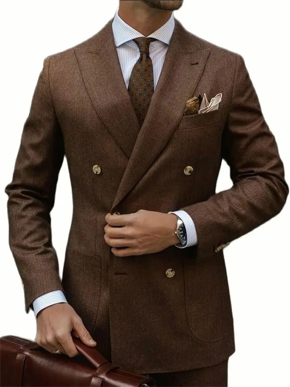2 pcs brown Business Men Suits Slim Fit Jacket/pants Formal Tailored