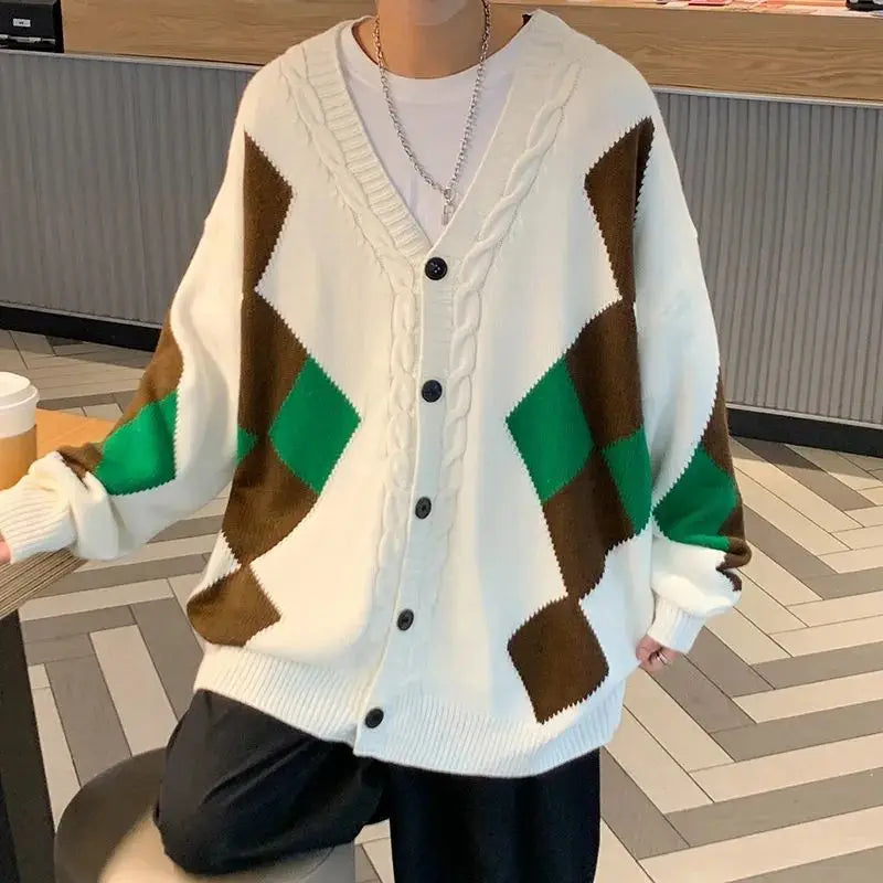 Knit Cardigan Men's Argyle Aesthetic Baggy Japanese Retro coat