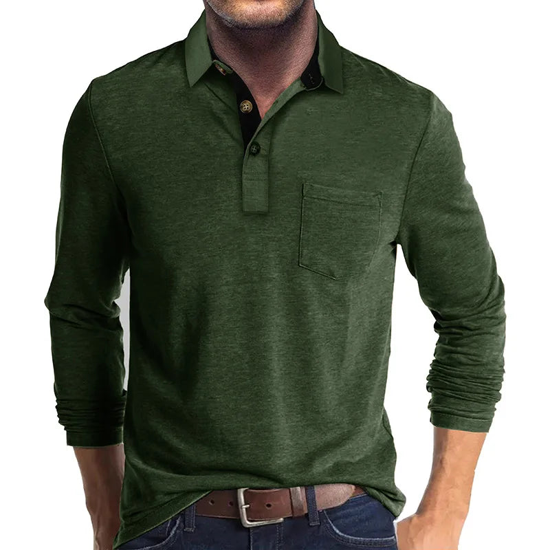 Men's Long Sleeve Casual Solid Lapel Button Up Turn Down Collar Polo Shirt