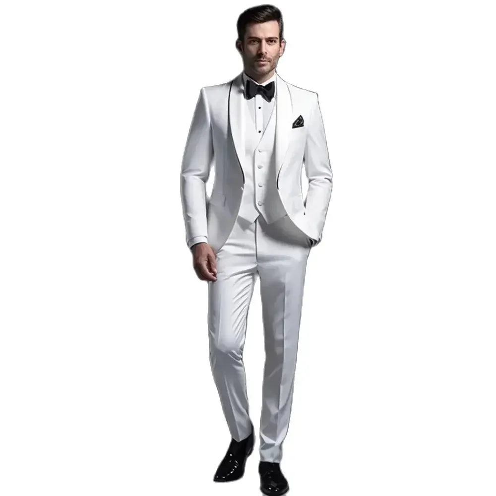 Elegant White Suits for Men 3 Piece Chic Lapel Single Button Tuxedo Slim (Blazer+Vest+Pants)