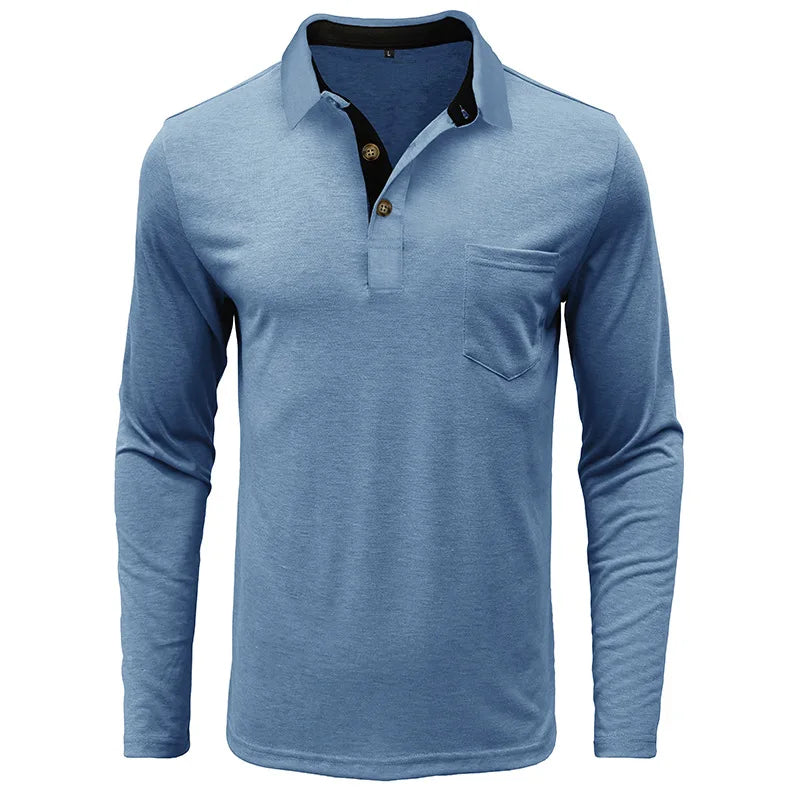 Men's Long Sleeve Casual Solid Lapel Button Up Turn Down Collar Polo Shirt