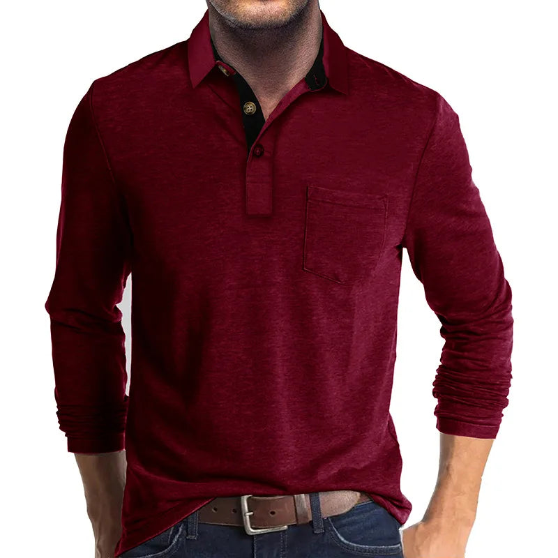 Men's Long Sleeve Casual Solid Lapel Button Up Turn Down Collar Polo Shirt