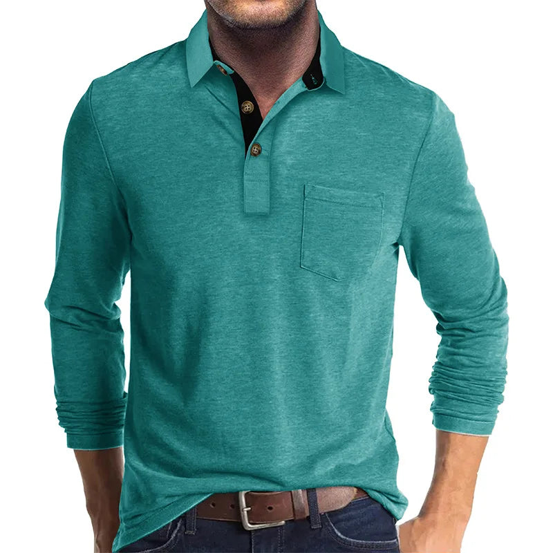 Men's Long Sleeve Casual Solid Lapel Button Up Turn Down Collar Polo Shirt
