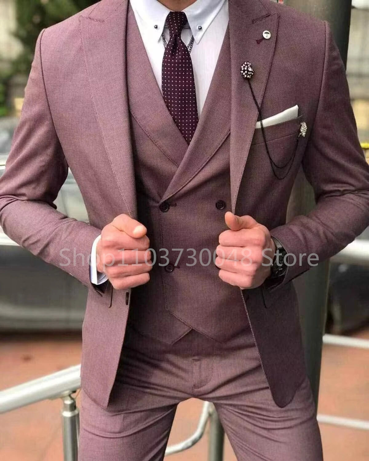 Men's Pink 3 Pieces Suits Slim Fit Formal Men (Jacket + Vest + Trousers)