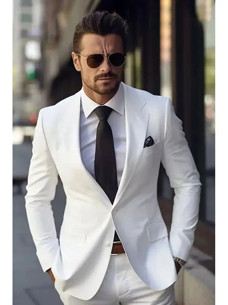 Handsome White Suit for Men Two Pieces (Jacket+Pants) Single Breasted Notch Lapel Costume