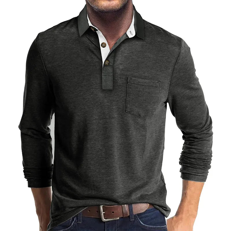 Men's Long Sleeve Casual Solid Lapel Button Up Turn Down Collar Polo Shirt
