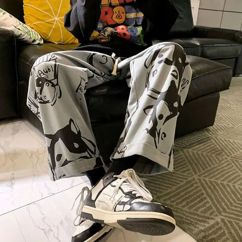 Animal Print Baggy Men Streetwear Wide Leg Oversize Straight Trousers
