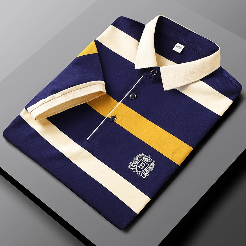 Men Classic Striped Polo Mens Cotton Short-Sleeved Embroidered Polo Shirt