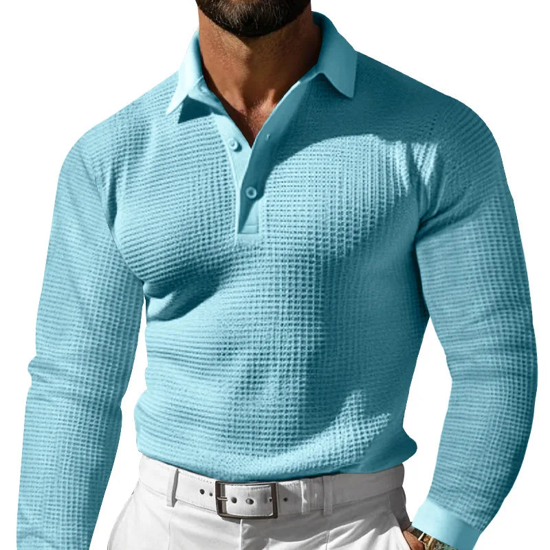 Men's Spring Leisure Polo Shirt Solid Color Breathable Waffle Long Sleeve Lapel Collar