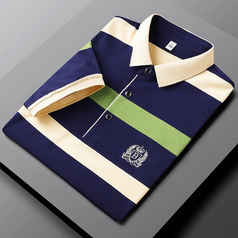 Men Classic Striped Polo Mens Cotton Short-Sleeved Embroidered Polo Shirt